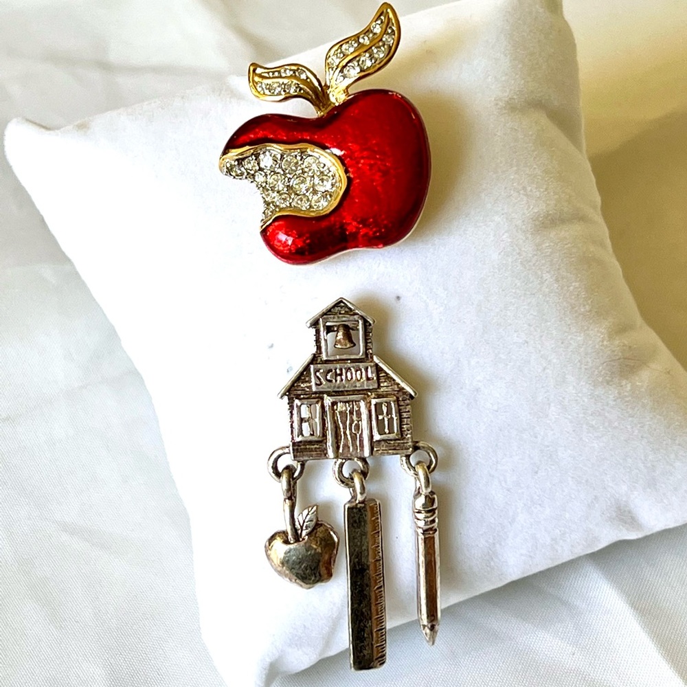 Bright Red Apple and Schoolhouse Pins Red Enamel Rhinestones Gold Silver Tones